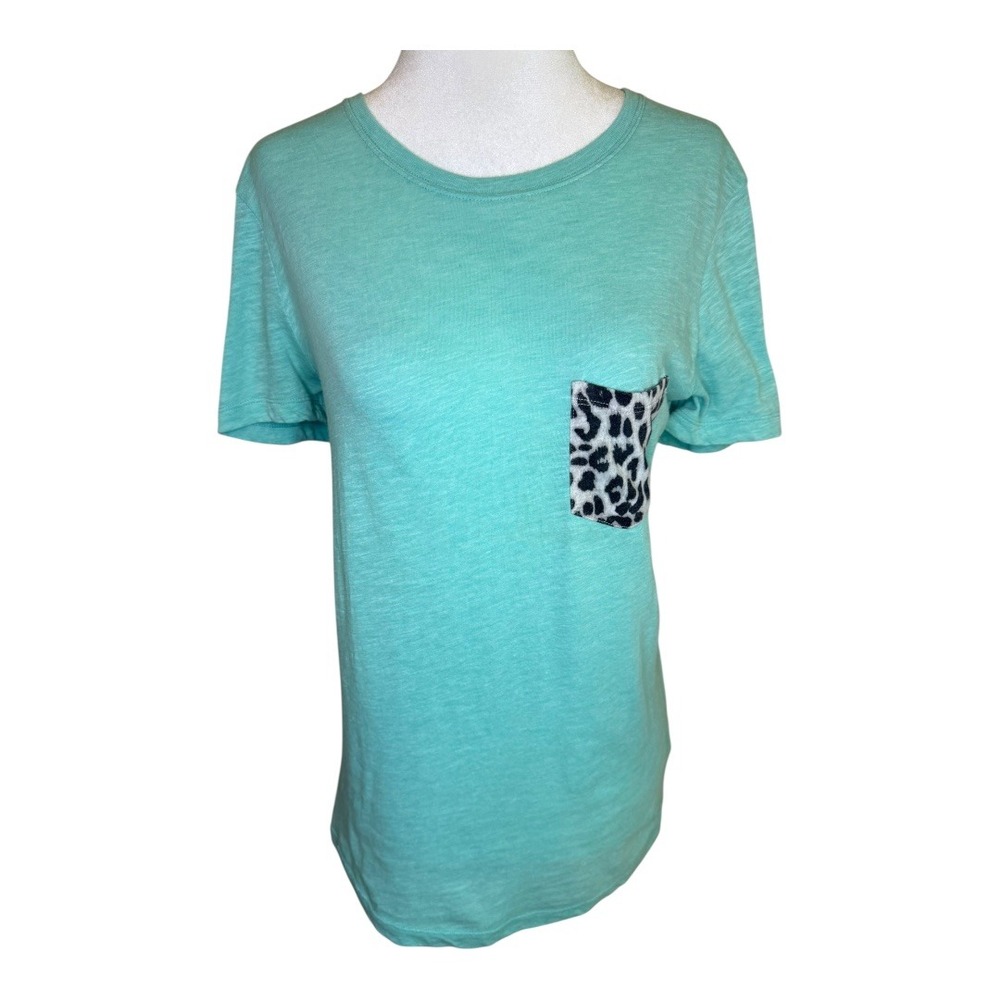 PINK Victoria's Secret XS Teal T-Shirt Cheetah Leopard Print Pocket